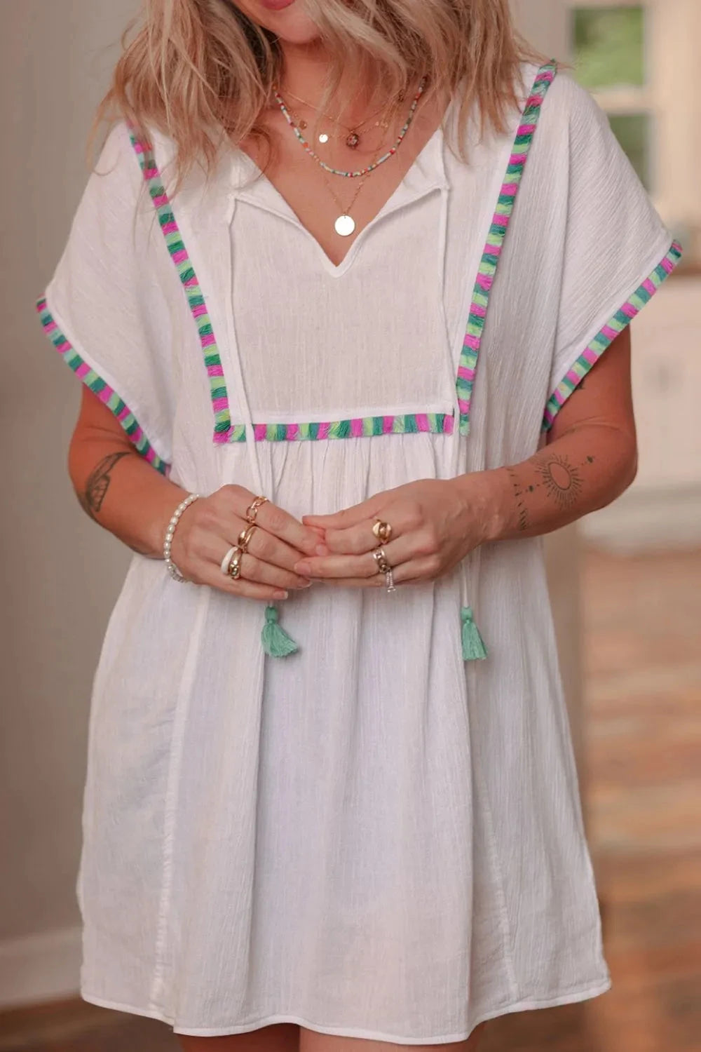 Tassel Tie Neck Short Sleeve Blouse