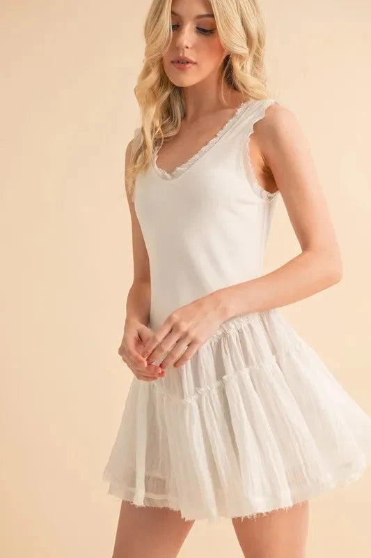 Aemi+Co Frill Sleeveless Drop Waist Mini Dress
