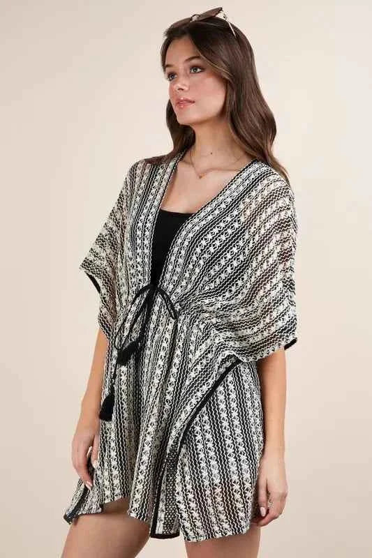 VERY J Full Size Striped Poncho Boho Cardigan Plus Size