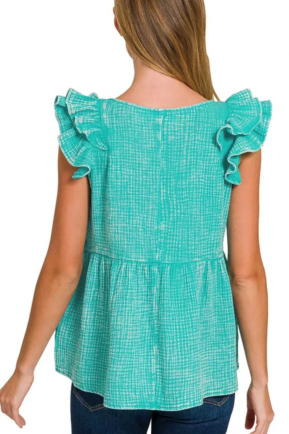 Zenana Double Gauze Acid Washed Tiered Ruffle Peplum Top