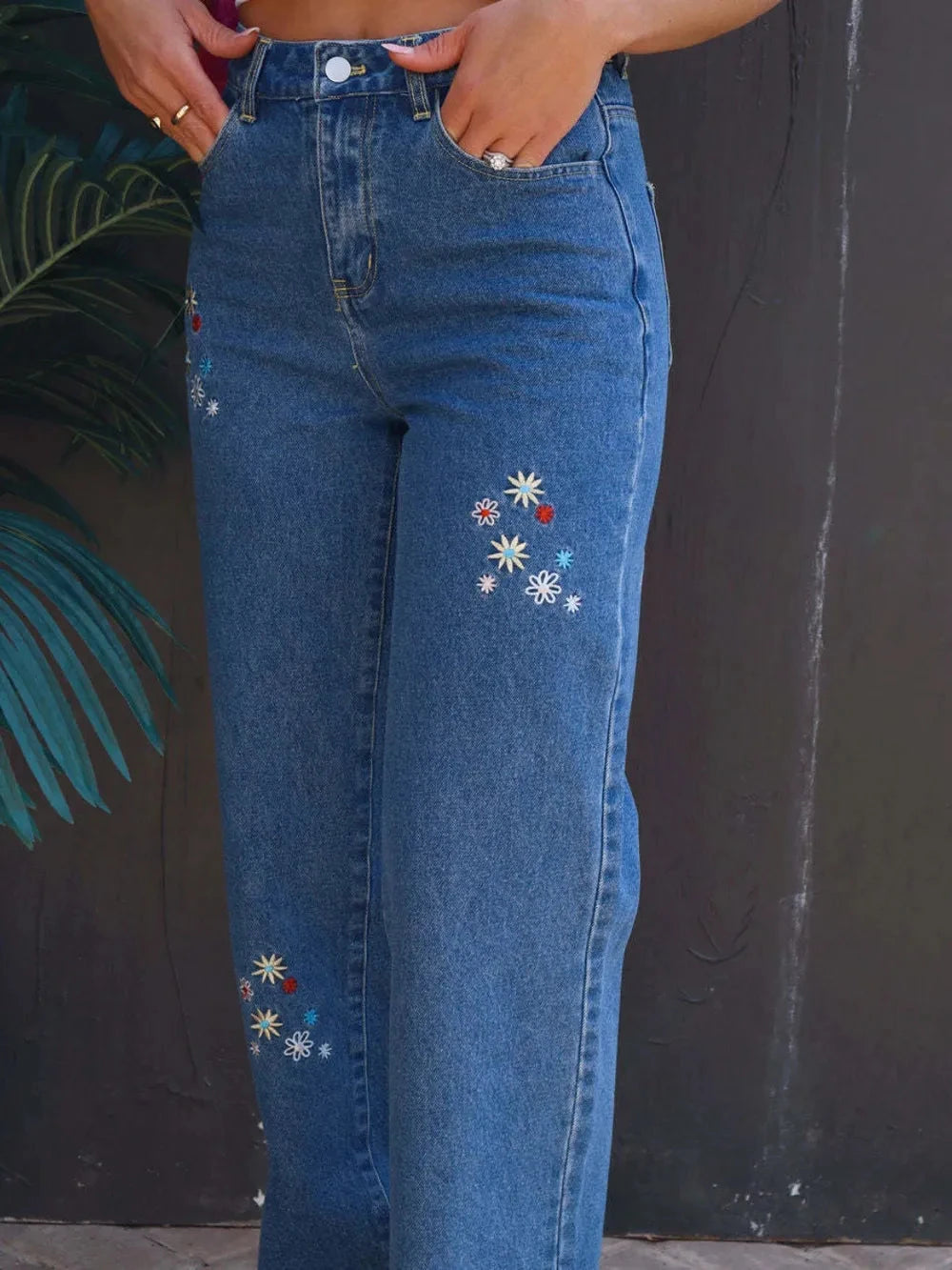Embroidered Straight Jeans with Pockets