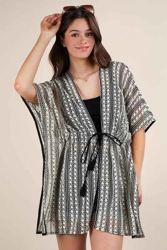 VERY J Full Size Striped Poncho Boho Cardigan Plus Size