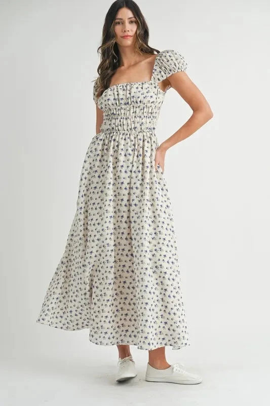 MABLE Floral Print Puff Sleeve Gathered Midi Dress