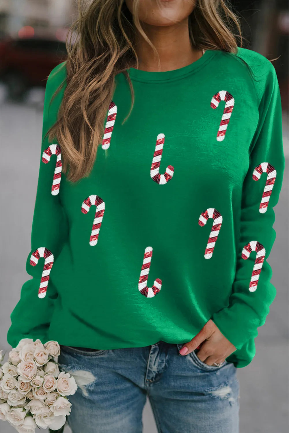 Candy Cane Round Neck Long Sleeve Sweatshirt - Laazaar