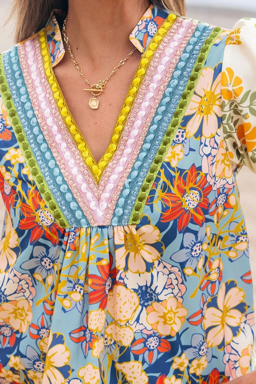 Multicolour Crochet V Neck Half Sleeve Boho Floral Blouse