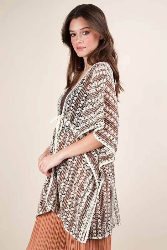 VERY J Full Size Striped Poncho Boho Cardigan Plus Size