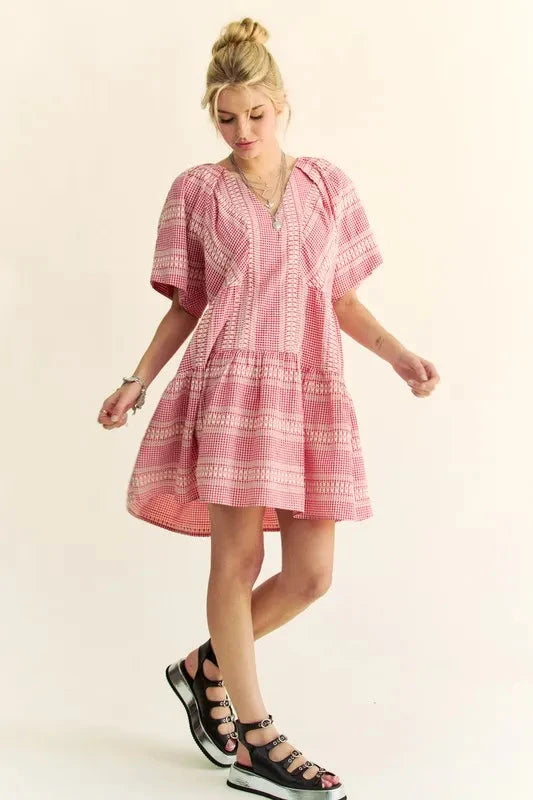 Davi & Dani Embroidered Stripe Ruffled Gingham Mini Dress