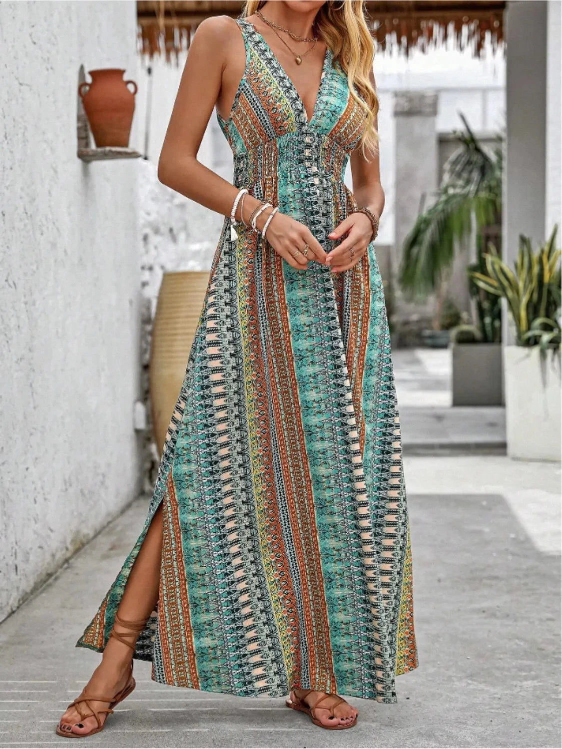 Tied Back Printed Sleeveless Maxi Slit Dress