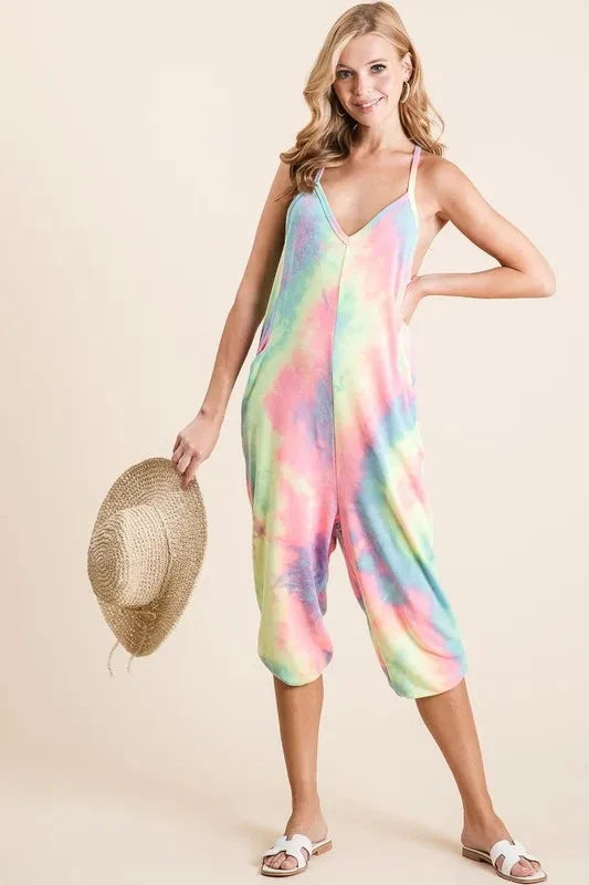 BiBi Tie Dye French Terry Mid-Length Casual Jumpsuit