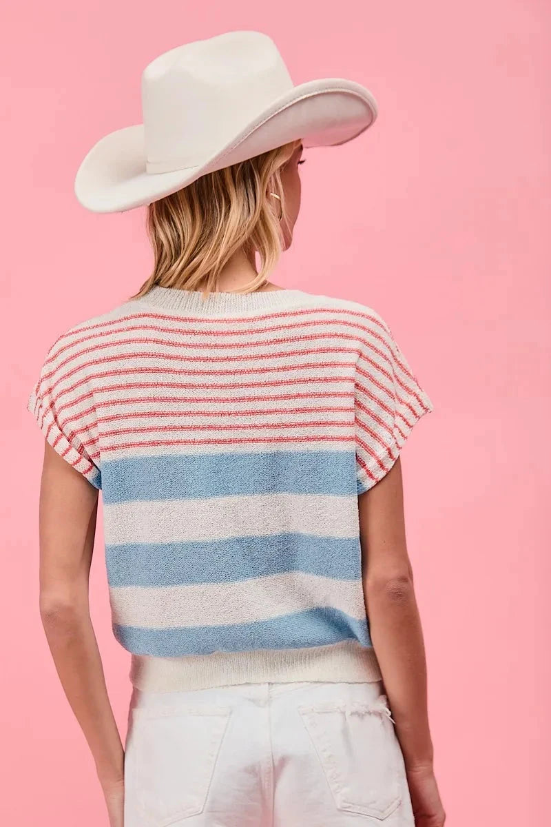 BiBi Stripes Lightweight Short Sleeve Sweater
