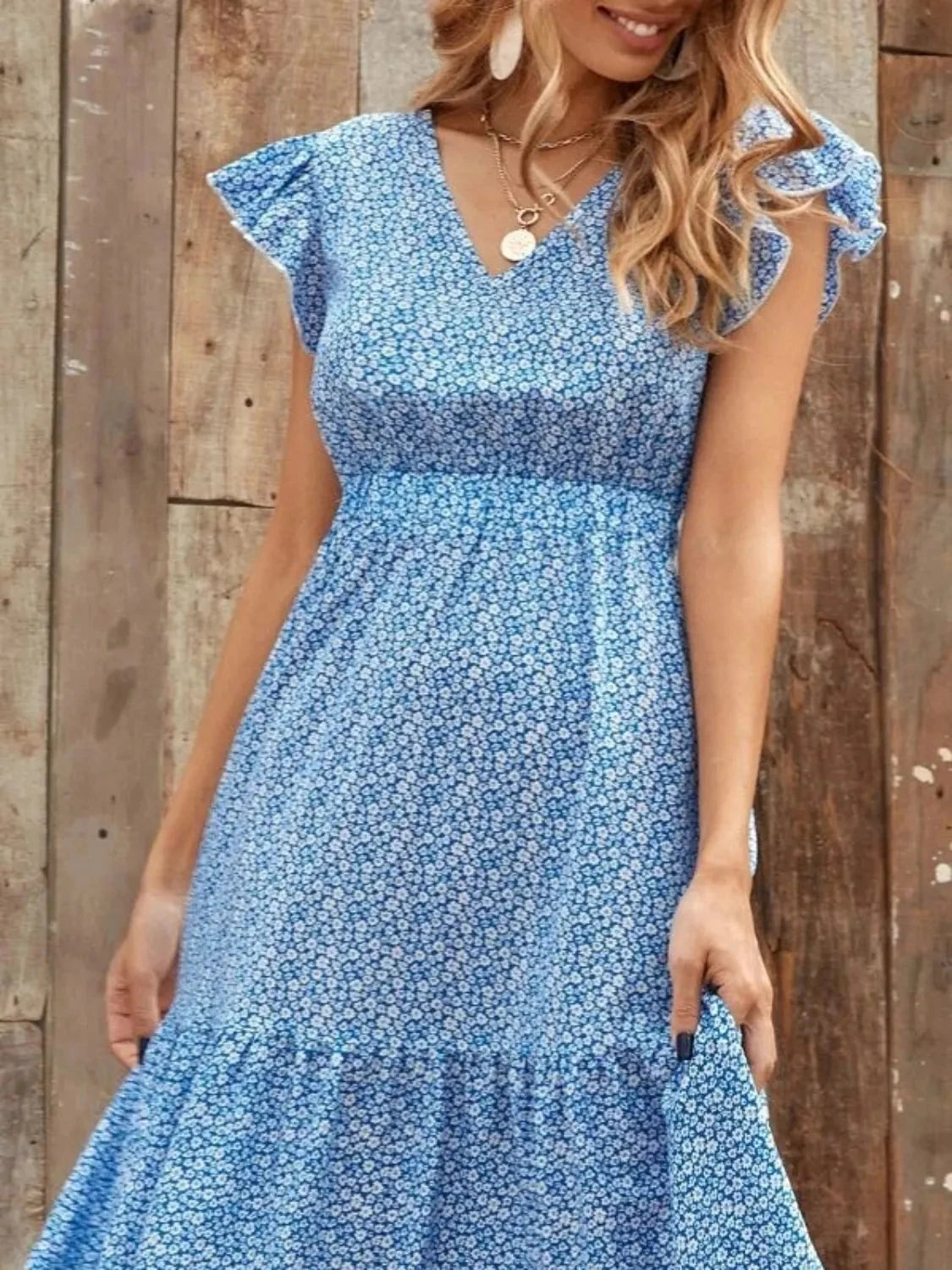 Printed V-Neck Ruffled Cap Sleeve Maxi Dress
