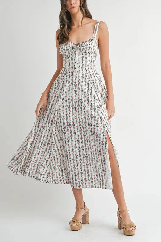 MABLE Floral Print Bustier Back Lace Up Midi Dress