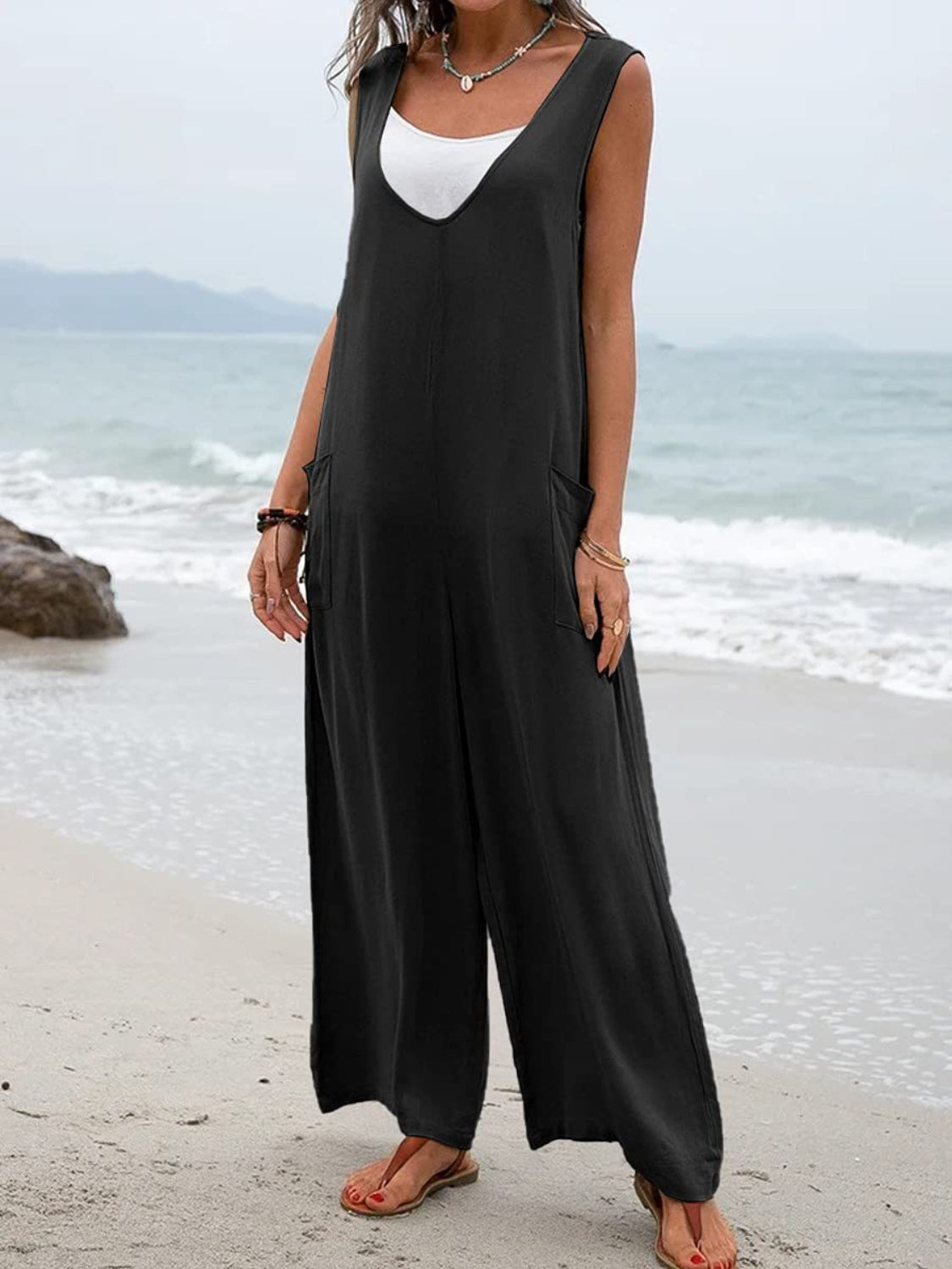 Full Size Wide Strap Jumpsuit with Pockets - Laazaar