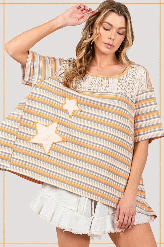 SAGE+FIG Accent Striped with Star Applique T-Shirt