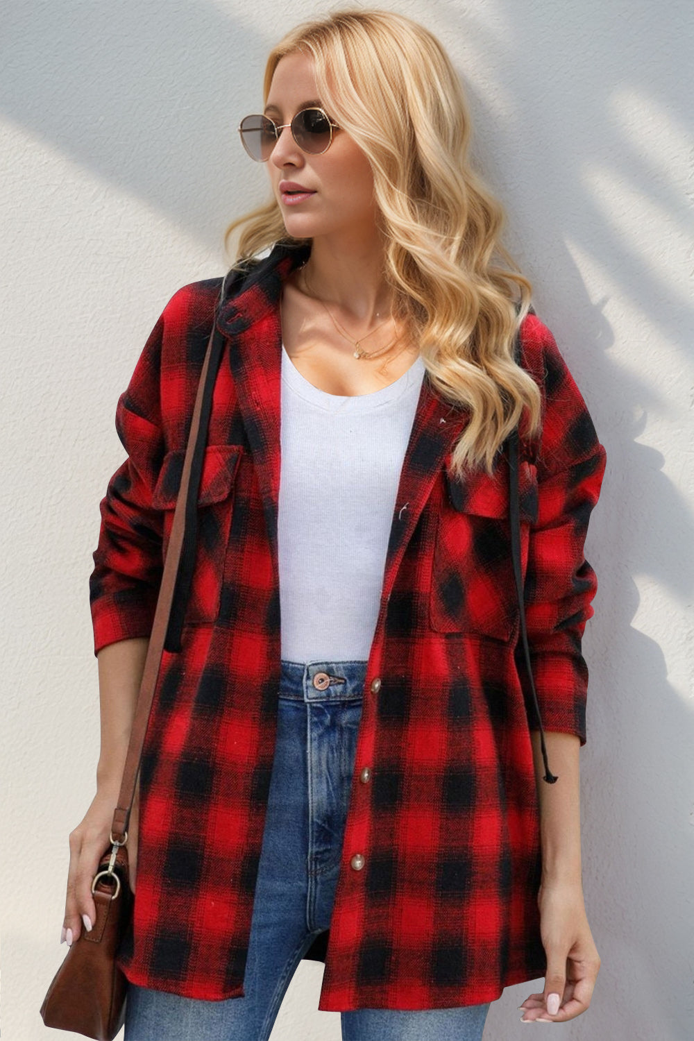 Double Take Drawstring Plaid Long Sleeve Hooded Shacket - Laazaar