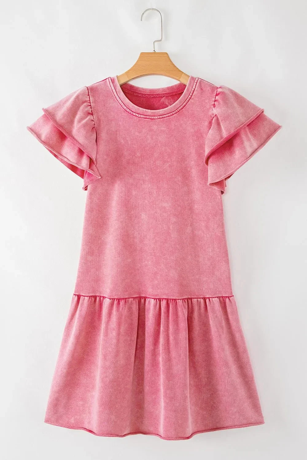 Mineral Wash Raw Edge Ruffle Mini Dress