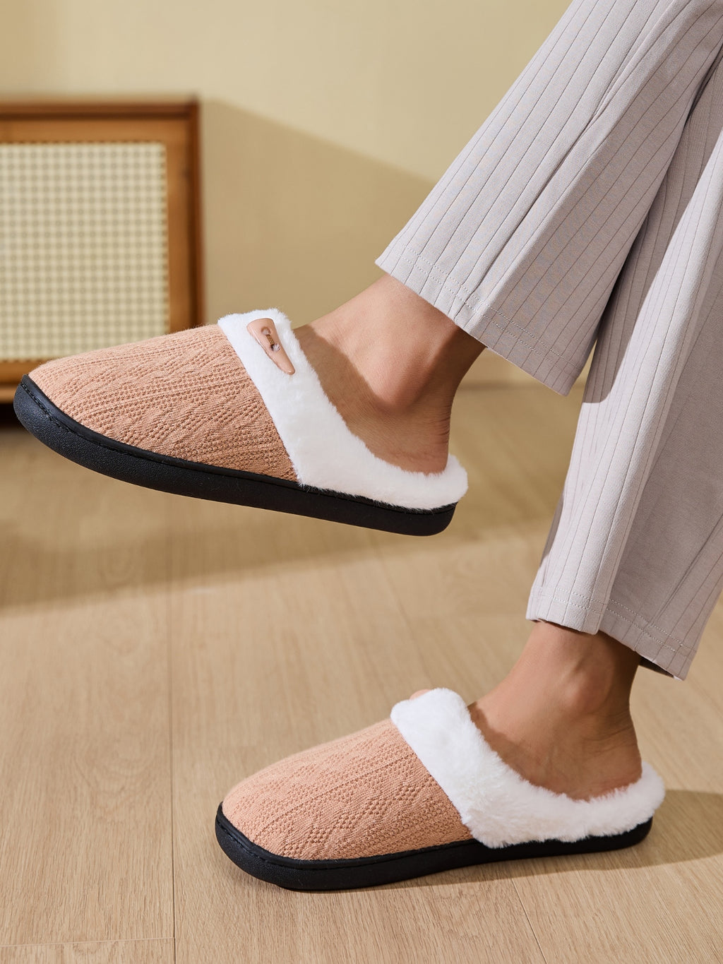 Horn Buckle Furry Texture Flat Slippers - Laazaar