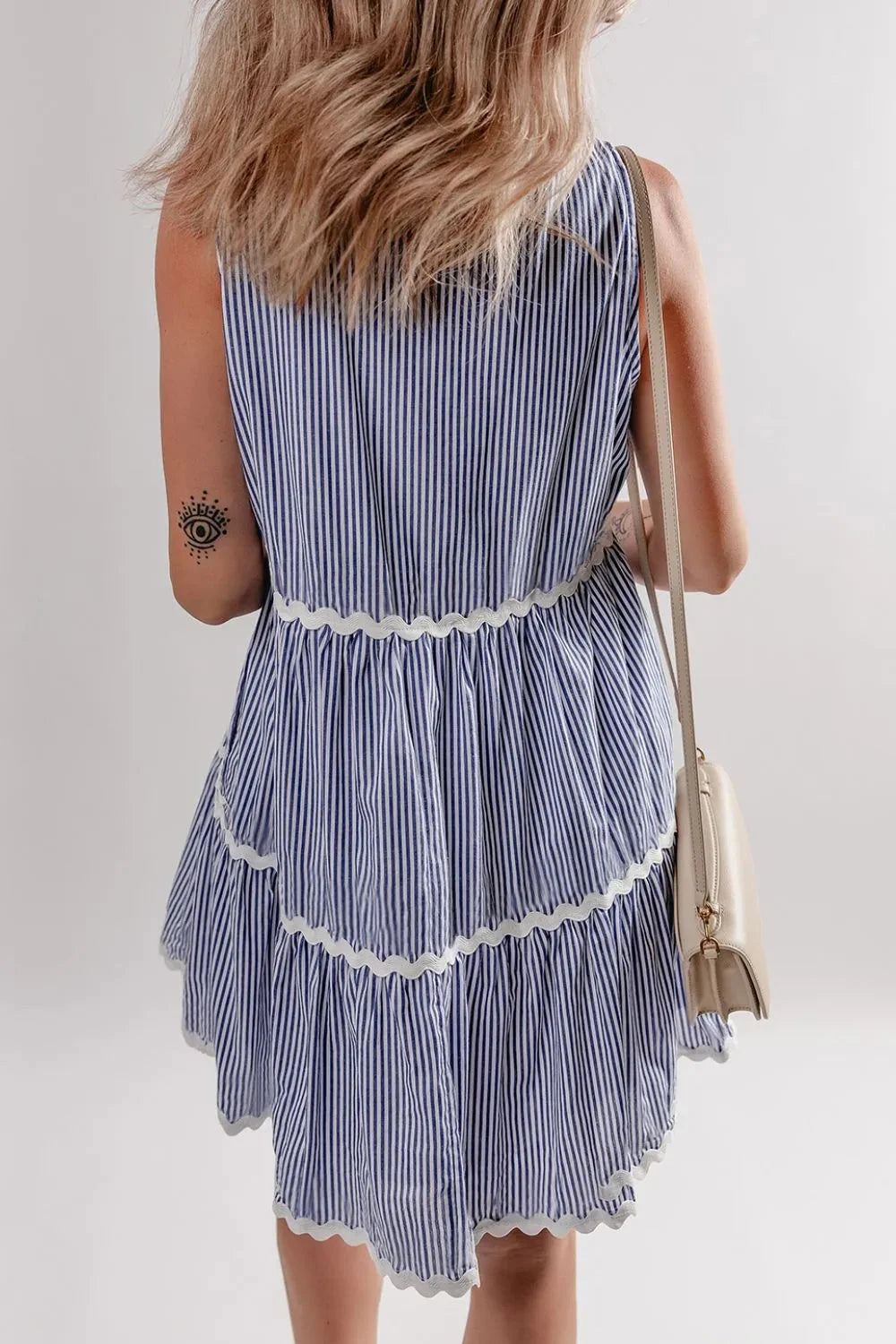 Stripe Sleeveless Notched Ric Rac Mini Dress