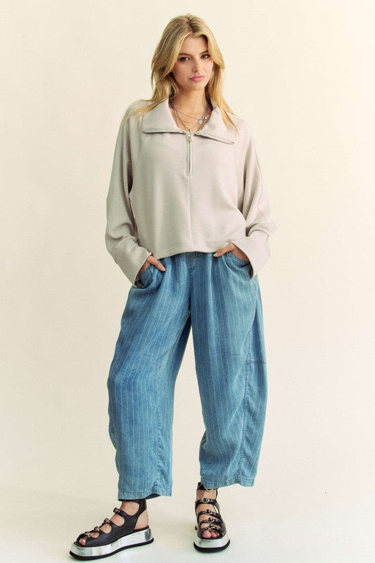 Davi & Dani Drawstring Hem Half Zip Raglan Sleeve Sweatshirt - Laazaar