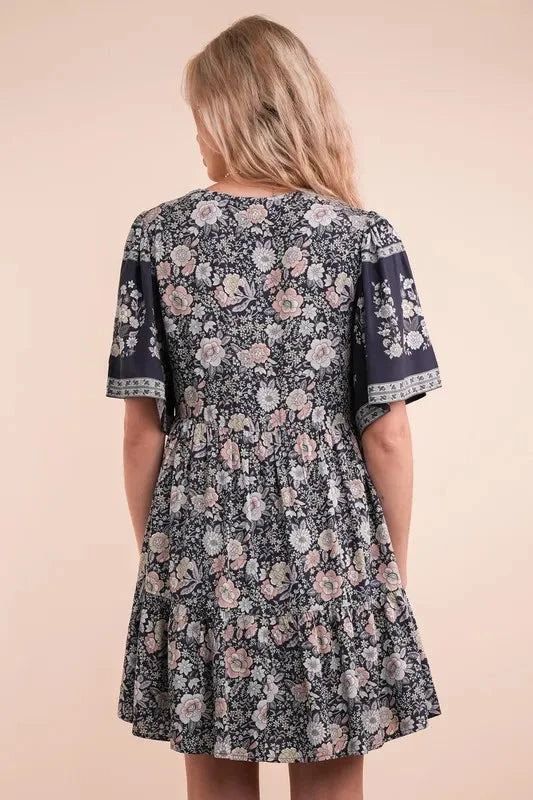 VERY J Shirring Detail Printed Woven Mini Dress