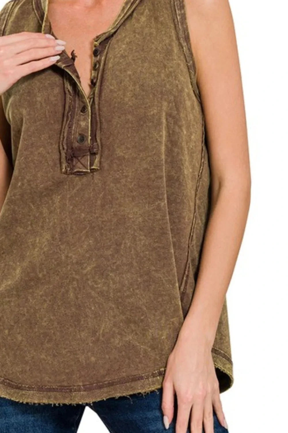 Zenana Washed Half-Button Raw Edge Sleeveless Henley Top