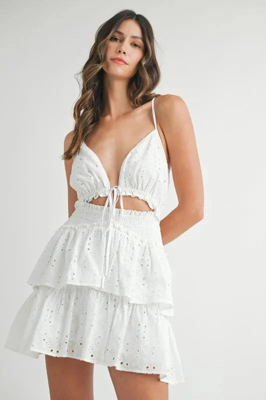 MABLE Lace Eyelet Ruffle Mini Dress With Front Cutout