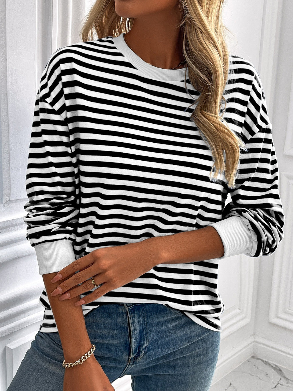 Ivy Lane Striped Round Neck Long Sleeve Sweatshirt - Laazaar