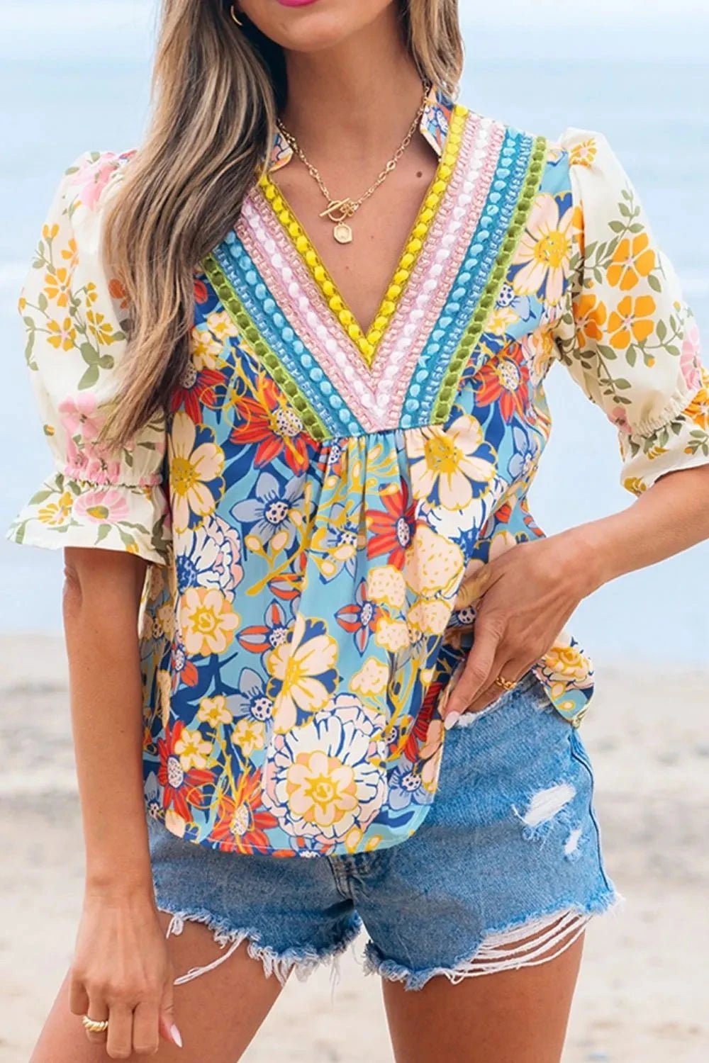 Multicolour Crochet V Neck Half Sleeve Boho Floral Blouse
