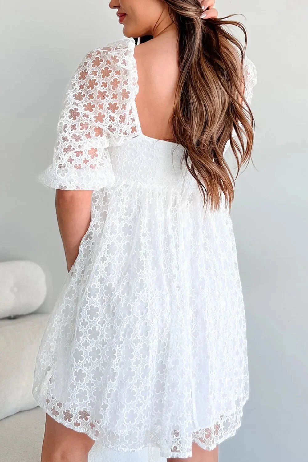 Lace Puff Sleeve Empire Waist Mini Dress