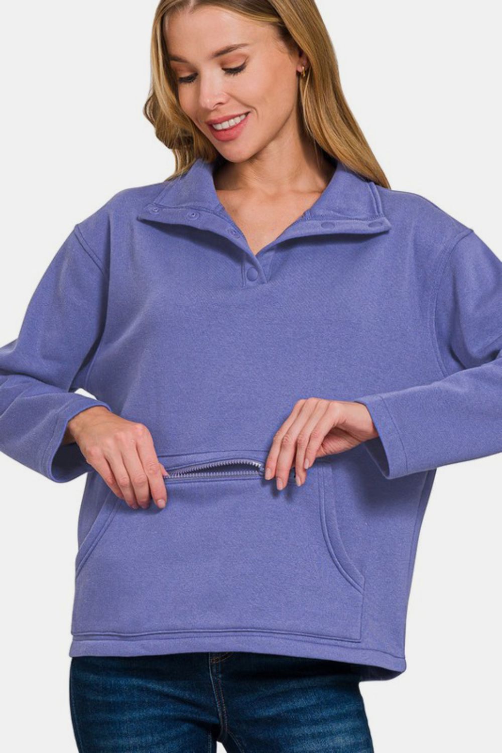 Zenana Turtleneck Half Snap Fleece Sweatshirt - Laazaar