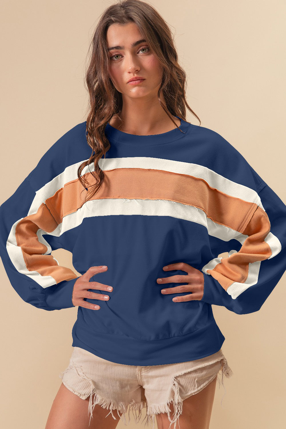 BiBi French Terry Color Block Cut Edge Detail Sweatshirt - Laazaar
