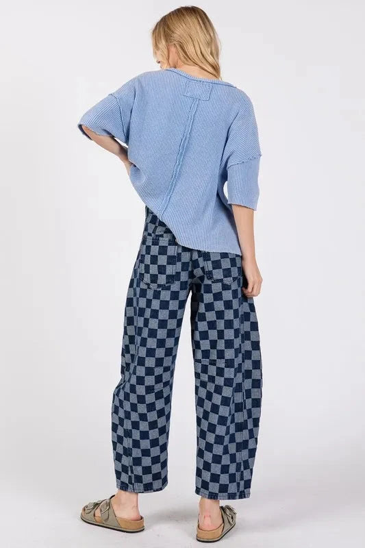 SAGE+FIG Barrel Style Leg Checkered Print Jeans