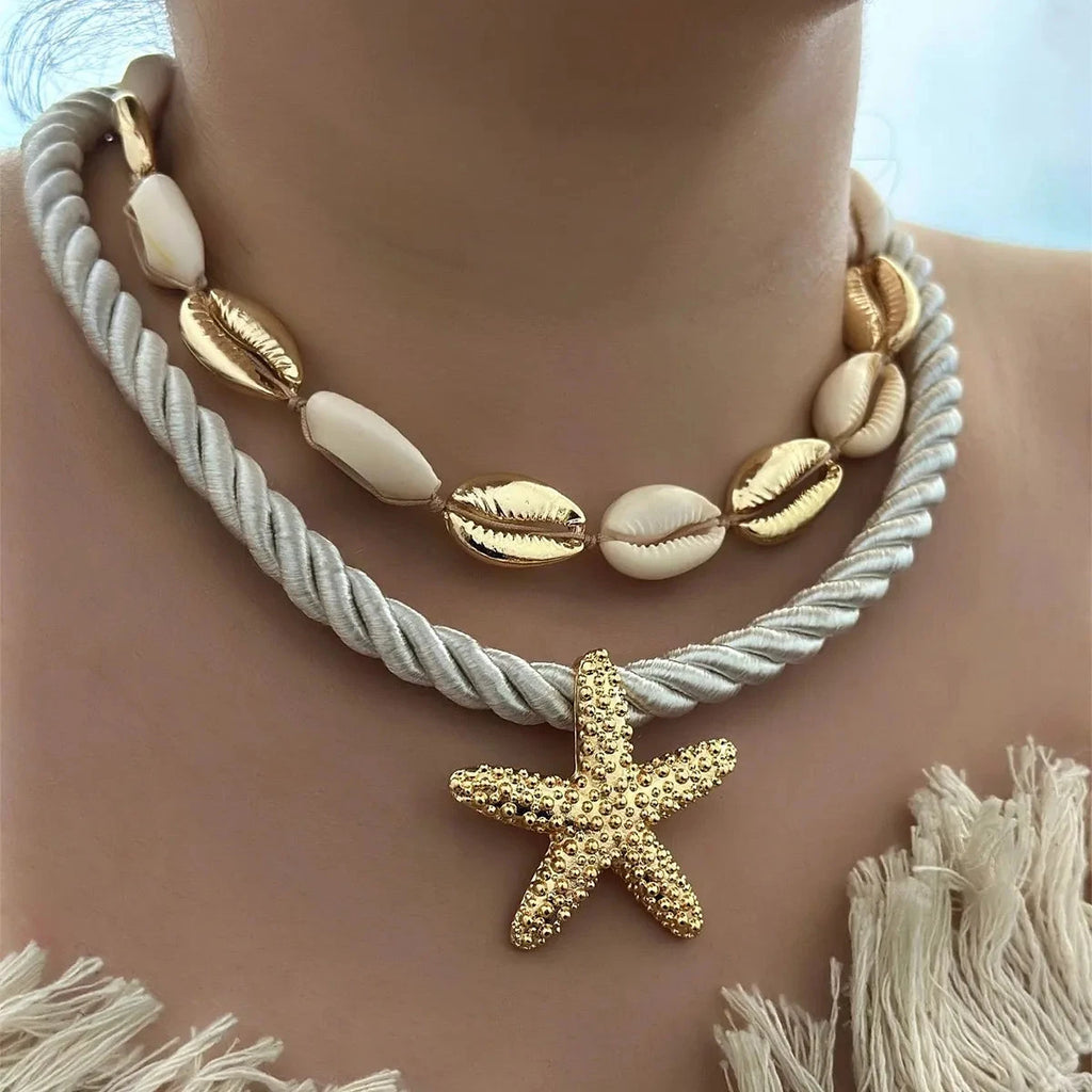 2-Piece Beaded Shell Starfish Rope Necklace