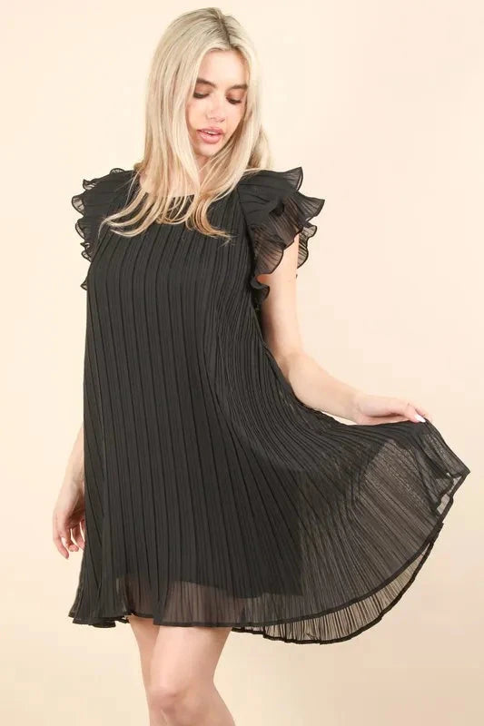 VERY J Plus Size Ruffle Sleeve Pleated Woven Mini Dress