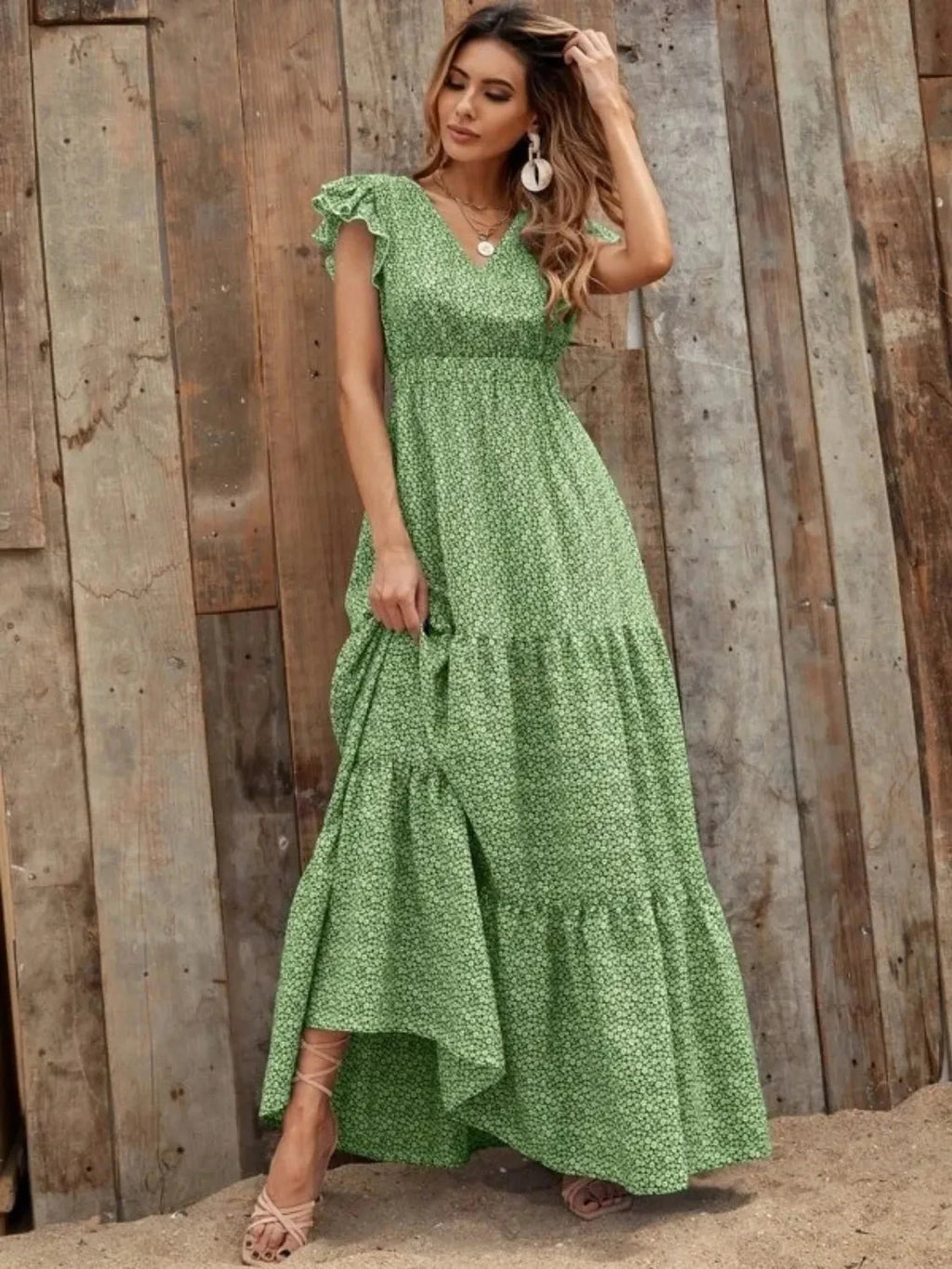 Printed V-Neck Ruffled Cap Sleeve Maxi Dress