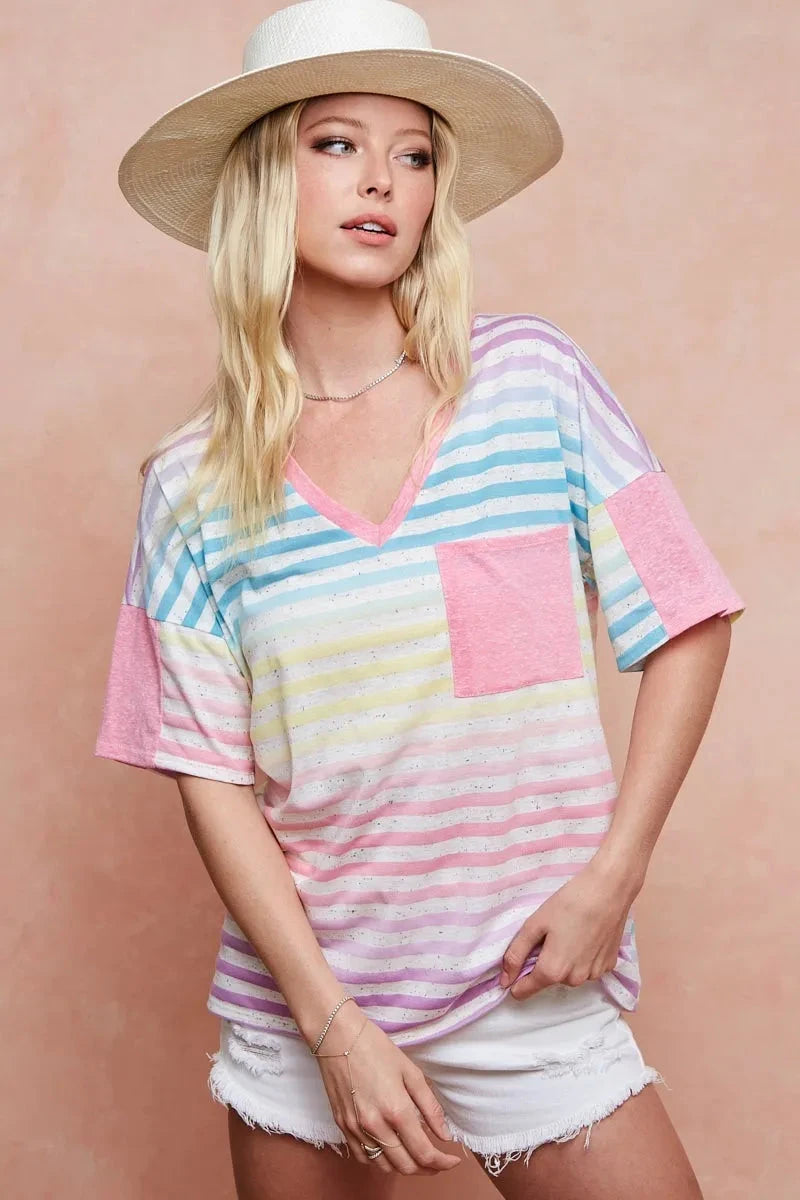 BiBi Rainbow Stripe Printed Triblend Knit Top