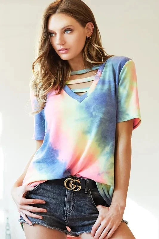 BiBi Tie-Dye V-Neck Short Sleeve T-Shirt