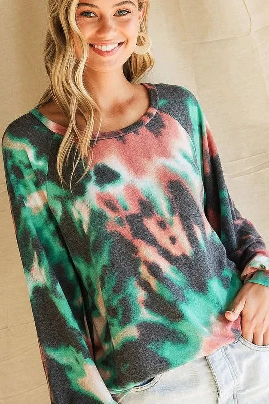 BiBi Tie Dye Print Terry Top with Puff Sleeves