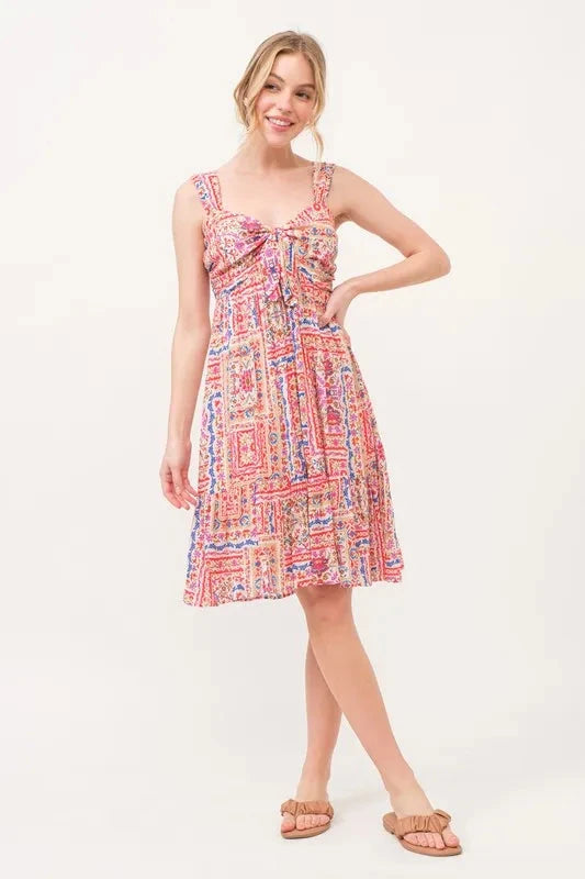 And The Why Tied Front Smocked Back Tiered Boho Printed Dress
