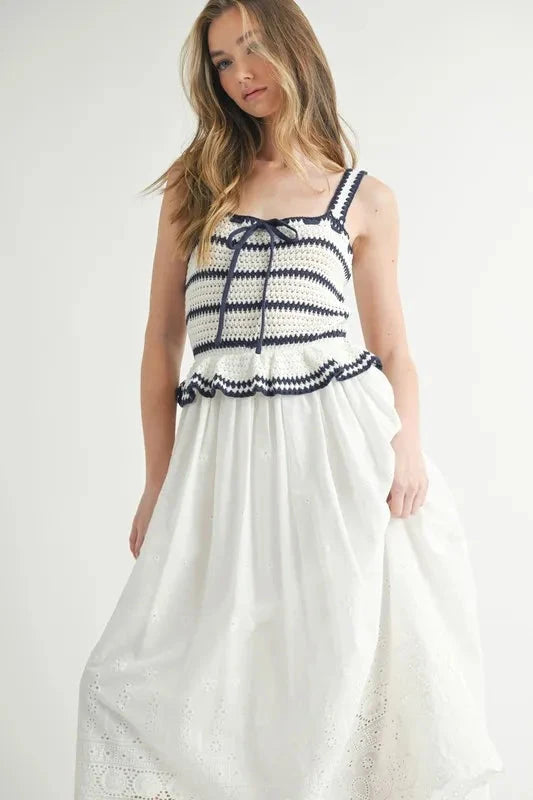 MABLE Crochet Stripe Knit Eyelet Mix Midi Dress