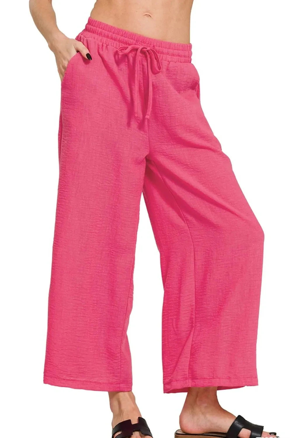 Zenana Woven Crepe Elastic Band Waist Cropped Pants