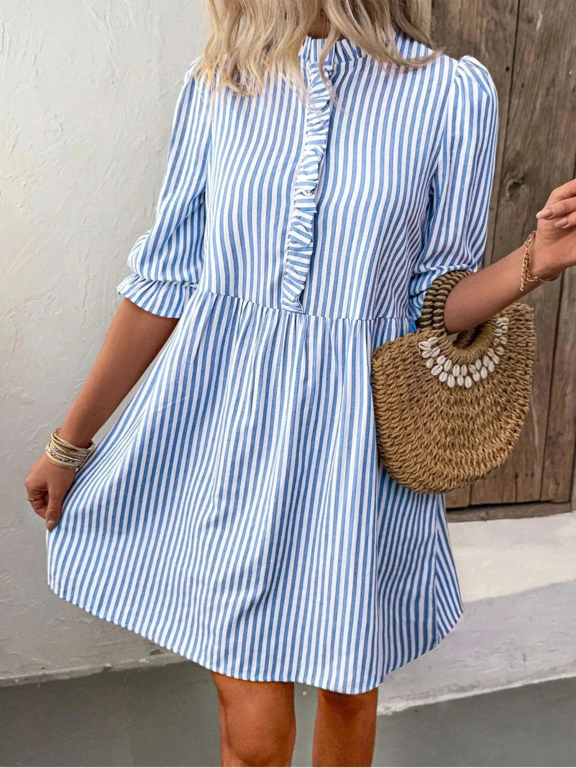 Striped Half Sleeve Mini Shirt Dress