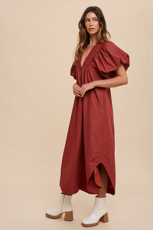 Annie Wear Smocked Puff Sleeve Midi Dress - Laazaar