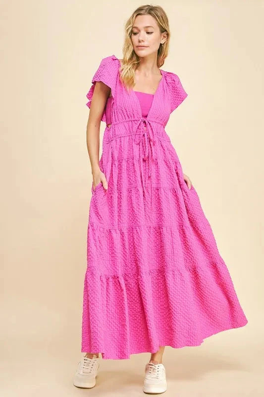 Davi & Dani Crinkled Texture Flutter Cap Sleeve Midi Dress