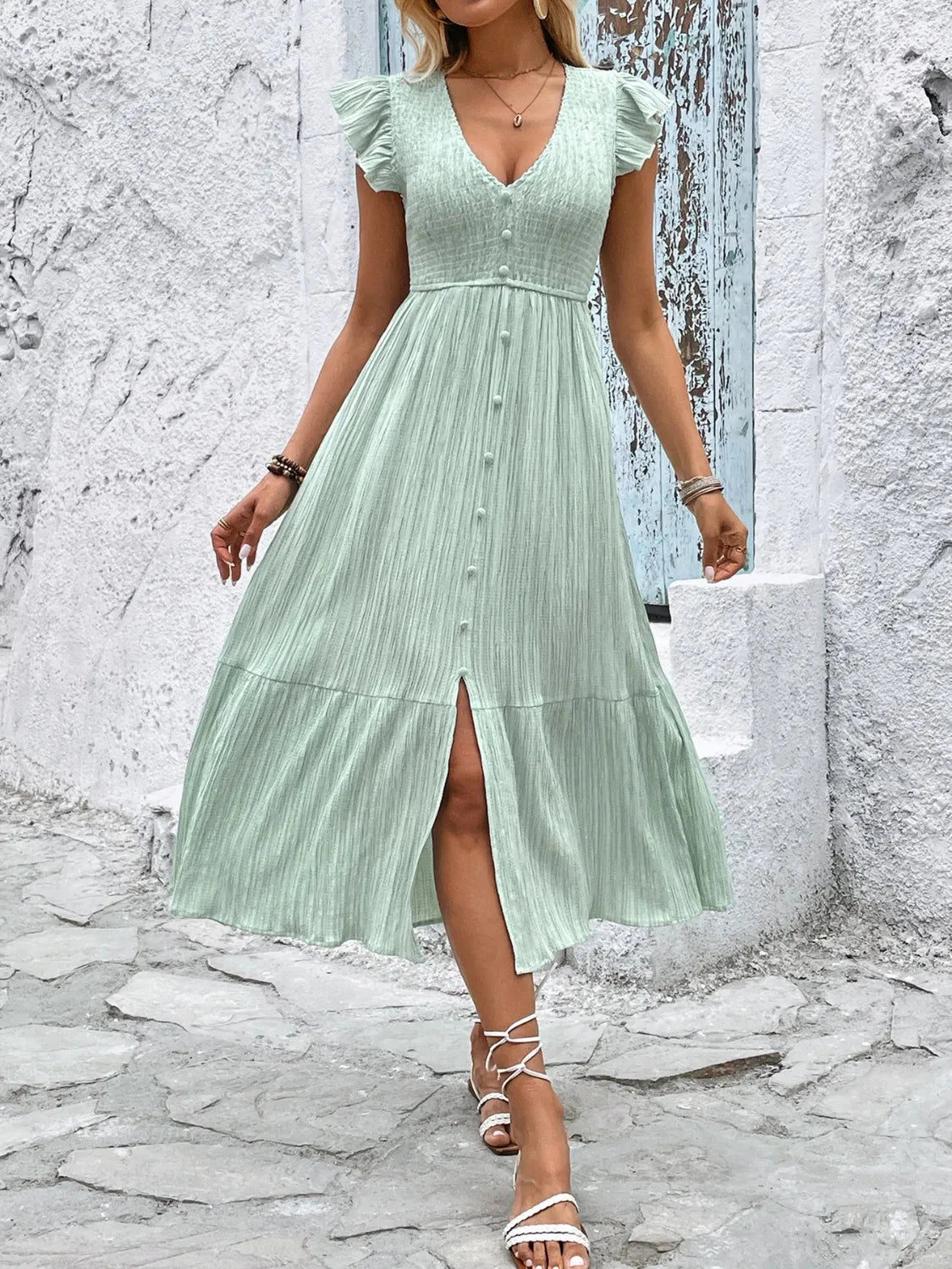 V-Neck Ruffled Cap Sleeve Dress