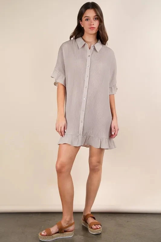 VERY J Pleated Detail Button Down Mini Dress