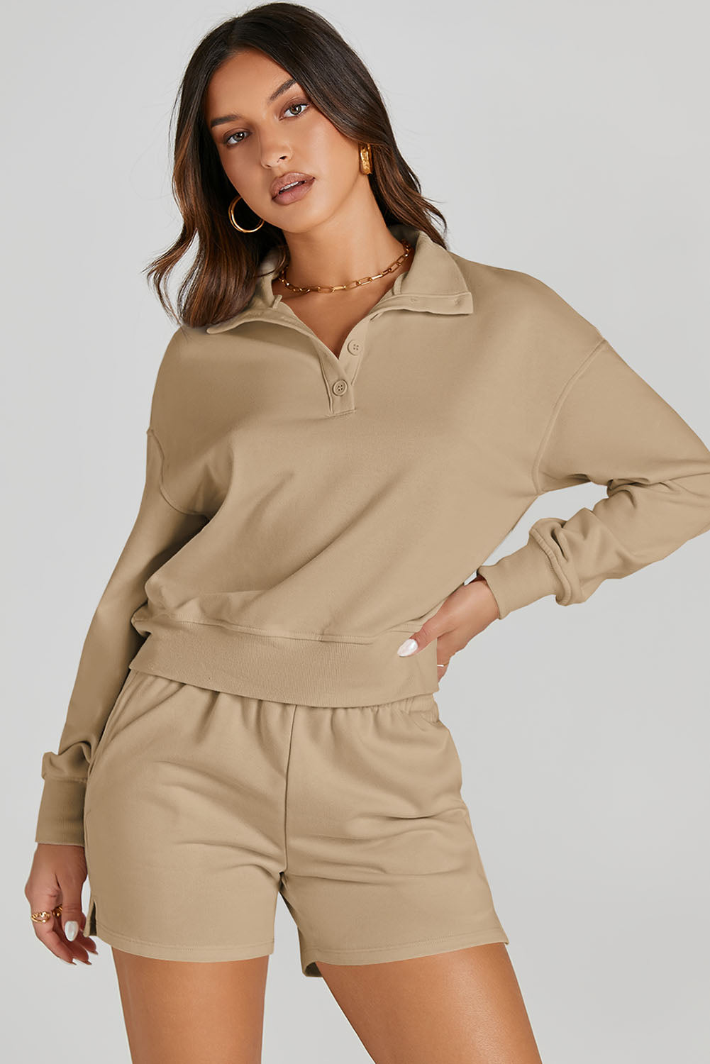 Half Button Sweatshirt and Shorts Active Set - Laazaar