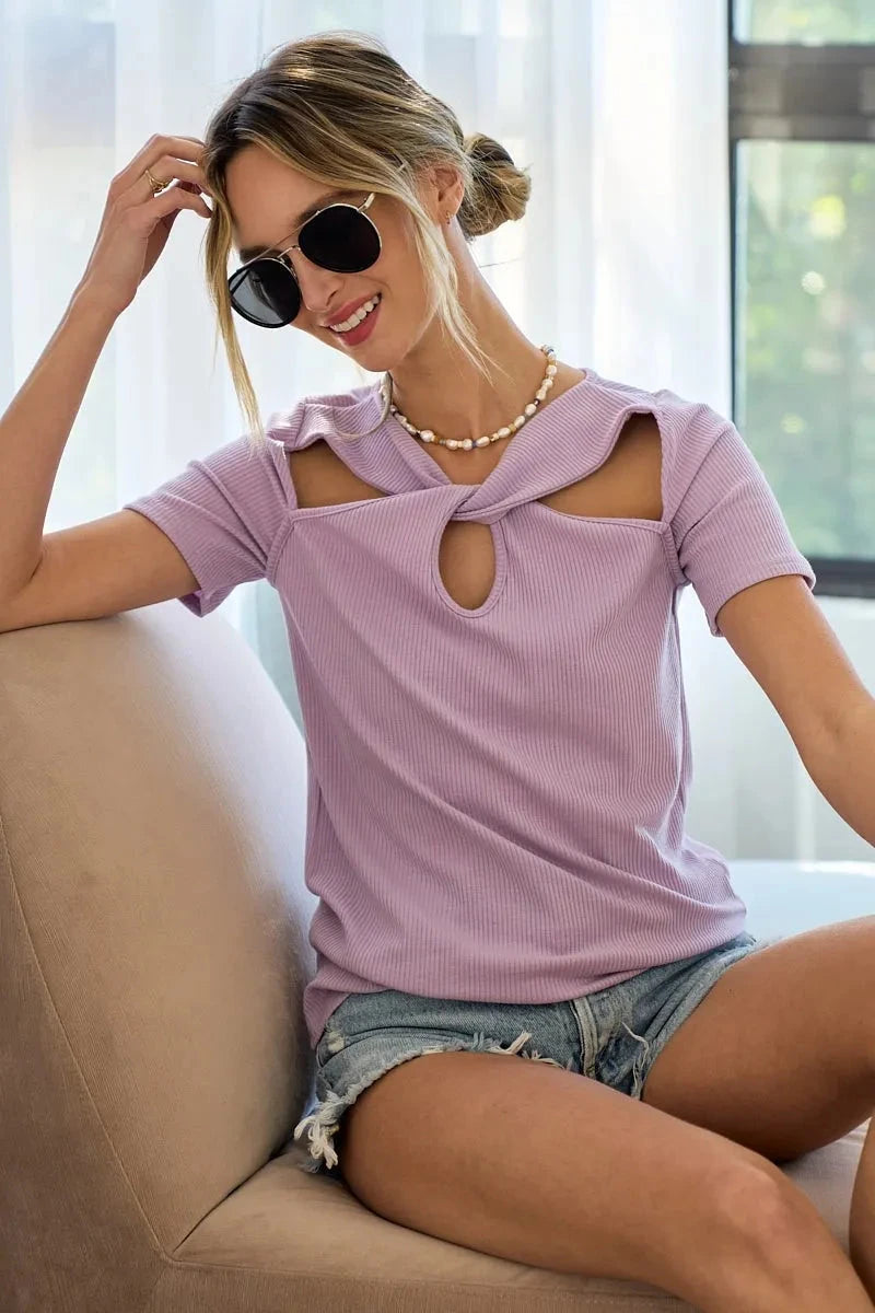 BiBi Rib Knit with Cut Out and Front Twist Detailed Top