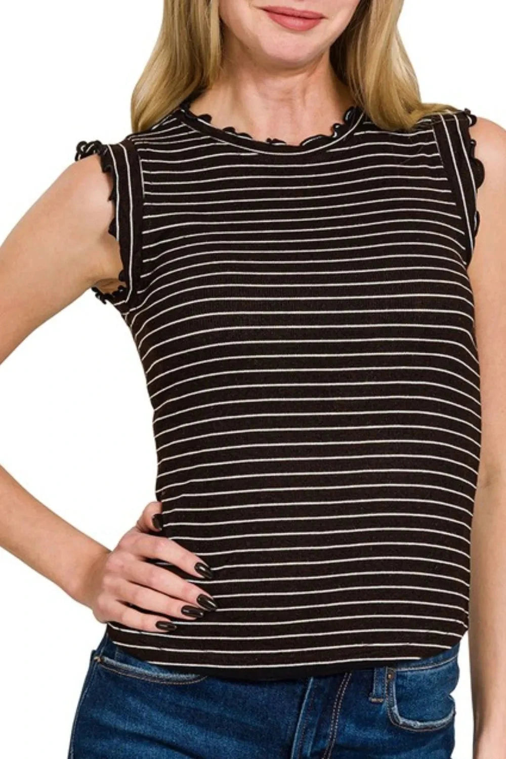 Zenana Ribbed Ruffle Trim Sleeveless Stripe Top