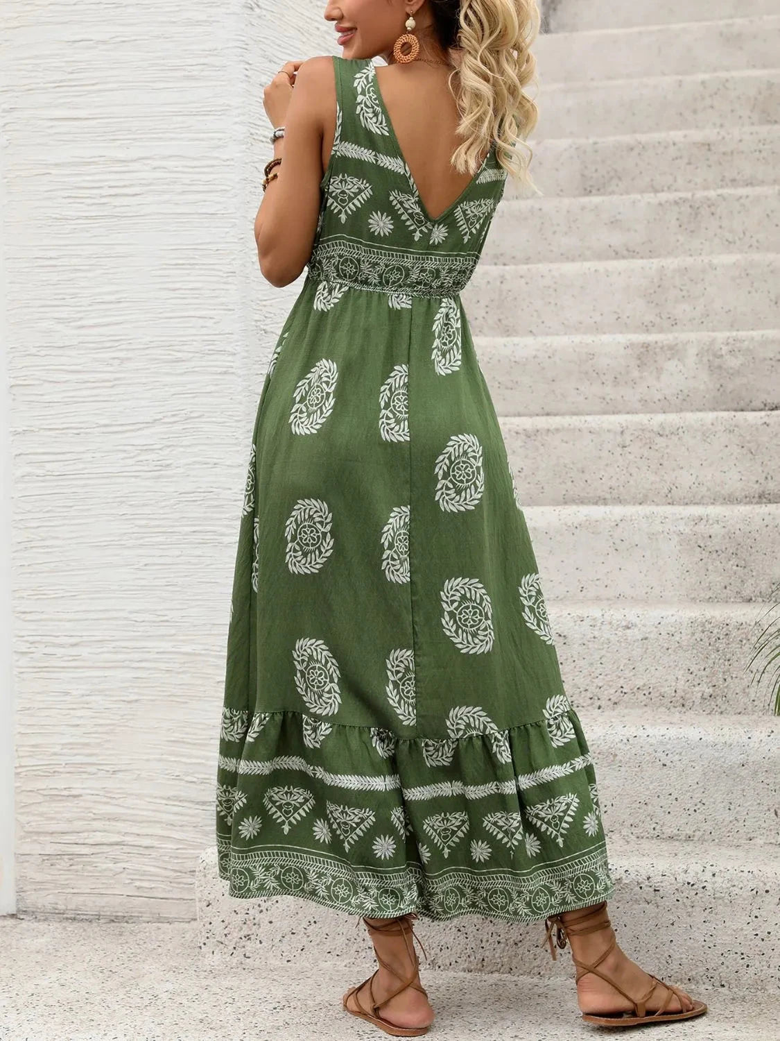 Printed V-Neck Sleeveless Dress